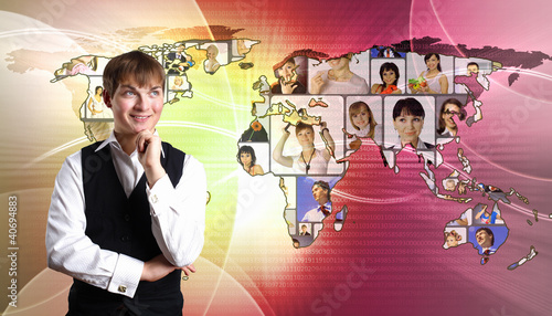 Illustration: Young man against world map background Young man against world map background