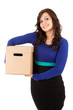casual young woman with cardboard box, white background