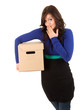 shame girl with cardboard box, white background