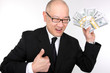 Greedy corporate executive with bundles of cash.
