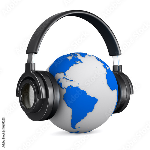 Illustration: Headphone and globe on white background. Isolated 3D image Headphone and globe on white background. Isolated 3D image