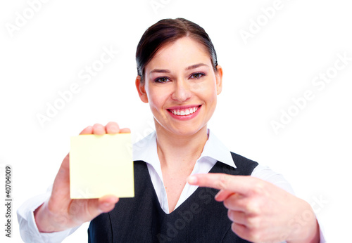 Photo: Woman with a business card. Woman with a business card.