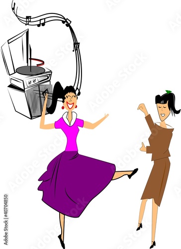 Vector: two fifties teen girls dancing together two fifties teen girls dancing together