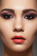 Purple eye makeup, perfect strong brows and gloss lips make-up