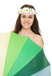 Young woman in chamomile wreath with colorful umbrella Young woman in chamomile wreath with colorful umbrella