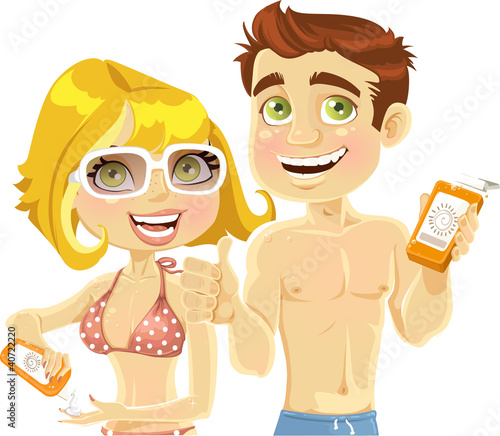Vector: Men and woman with a cream for sunburn Men and woman with a cream for sunburn