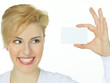Happy woman watching to  her card with copyspace