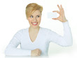 Young woman with white card on white background