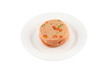 Pork bologna stack with chili dish on white background.
