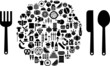 Food and beverage icons in form of sphere with silverware