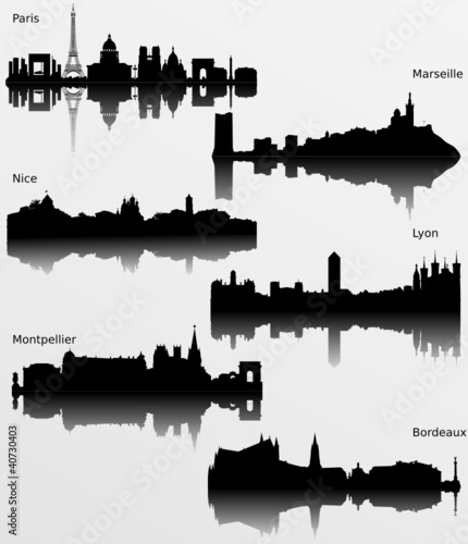 Vector: Collection of Detailed vector silhouettes of French cities Collection of Detailed vector silhouettes of French cities
