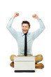 Man sitting with laptop with arms raised