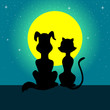 Dog and cat sitting together while watching the full moon
