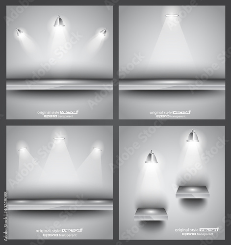 Vektor: 4 shop front shelves with LED spotlights 4 shop front shelves with LED spotlights