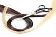 Shiny blond and brown hair with hair cutting shears isolated