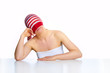 beautiful smiling woman with a sock on her head