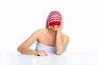 beautiful smiling woman with a sock on her head