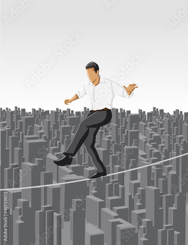 Vector: Business man over city on a high tightrope Business man over city on a high tightrope