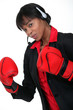 Call-center worker wearing boxing gloves