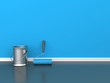 Illustration: painted wall with a paint roll with blue paint can painted wall with a paint roll with blue paint can