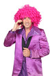 Man in Seventies costume and crazy wig on cellphone