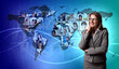 Young woman against world map background