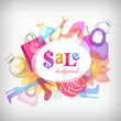 Sale message vector background with bags, shoes and perfume.