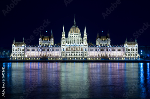 Budapest: night view of the Hungarian Parliament Building that is reflected in the River Danube