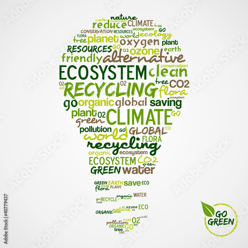 Vector: Go Green. Words cloud about environmental conservation in bulb Go Green. Words cloud about environmental conservation in bulb