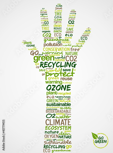 Vector: Go Green. Hand with words cloud about environmental conservation Go Green. Hand with words cloud about environmental conservation