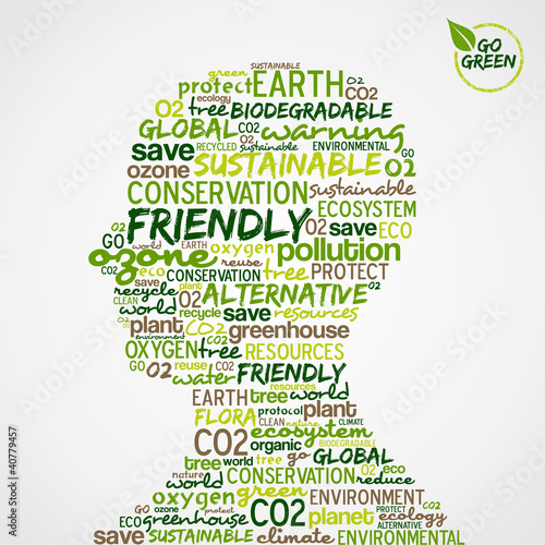 Vector: Go Green. Words cloud about environmental conservation in man he Go Green. Words cloud about environmental conservation in man he