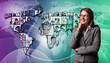 Young woman against world map background