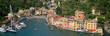 Aerial view of coastal town and harbor