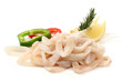 Pile of raw squid rings over white Pile of raw squid rings over white