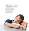 isolated boy dreaming over thick book