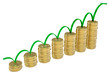 3d diagram of golden coins with a arrow on a white background