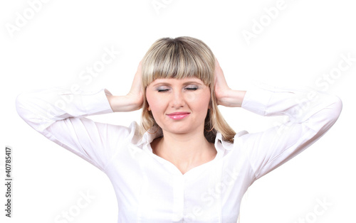 Photo: Woman under stress isolated on white Woman under stress isolated on white