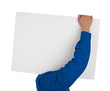 man in shirt holding blank sign