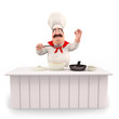 Happy chef with pan and table