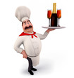 Happy chef holding wine bottle