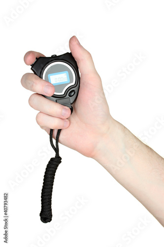 Photo: electronic sport timer in hand isolated on white electronic sport timer in hand isolated on white