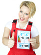 Apprentice shows thump up for tire label on white backround