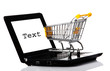 Online shopping. Shopping cart with notebook on the white.
