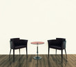 minimal modern interior with fireplace two chairs