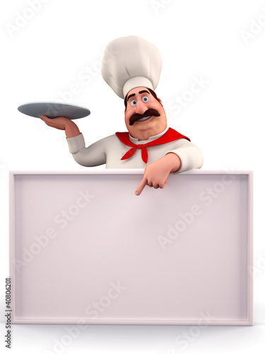 Illustration: Happy chef pointing towards sign Happy chef pointing towards sign