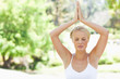 Relaxed woman in a yoga position in the park