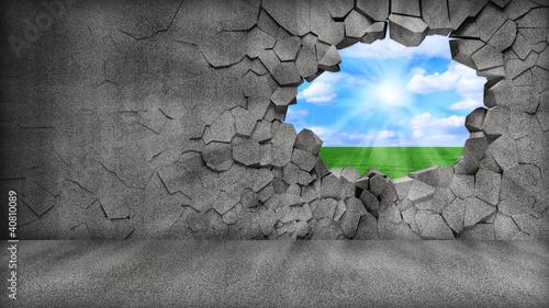 Illustration: Grungy Broken Concrete Wall with beautiful landscape behind Grungy Broken Concrete Wall with beautiful landscape behind