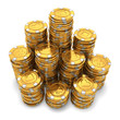 Large group of gold casino chips on white