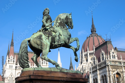 Budapest, Equestrian Statue And Hungarian Parliament 