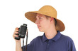 Foto: Young man with binoculars and straw hat Young man with binoculars and straw hat